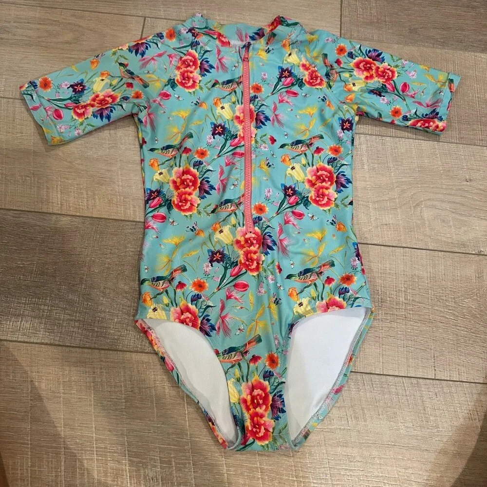TAME THE SUN GIRLS 1 PIECE SWIM SUIT SIZE 9 BIRD BLUE FLORAL RUFFLES